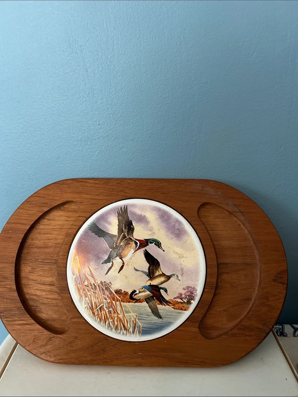 Vintage Avon Brown Wood Serving Platter with Ceramic Duck Tile EUC